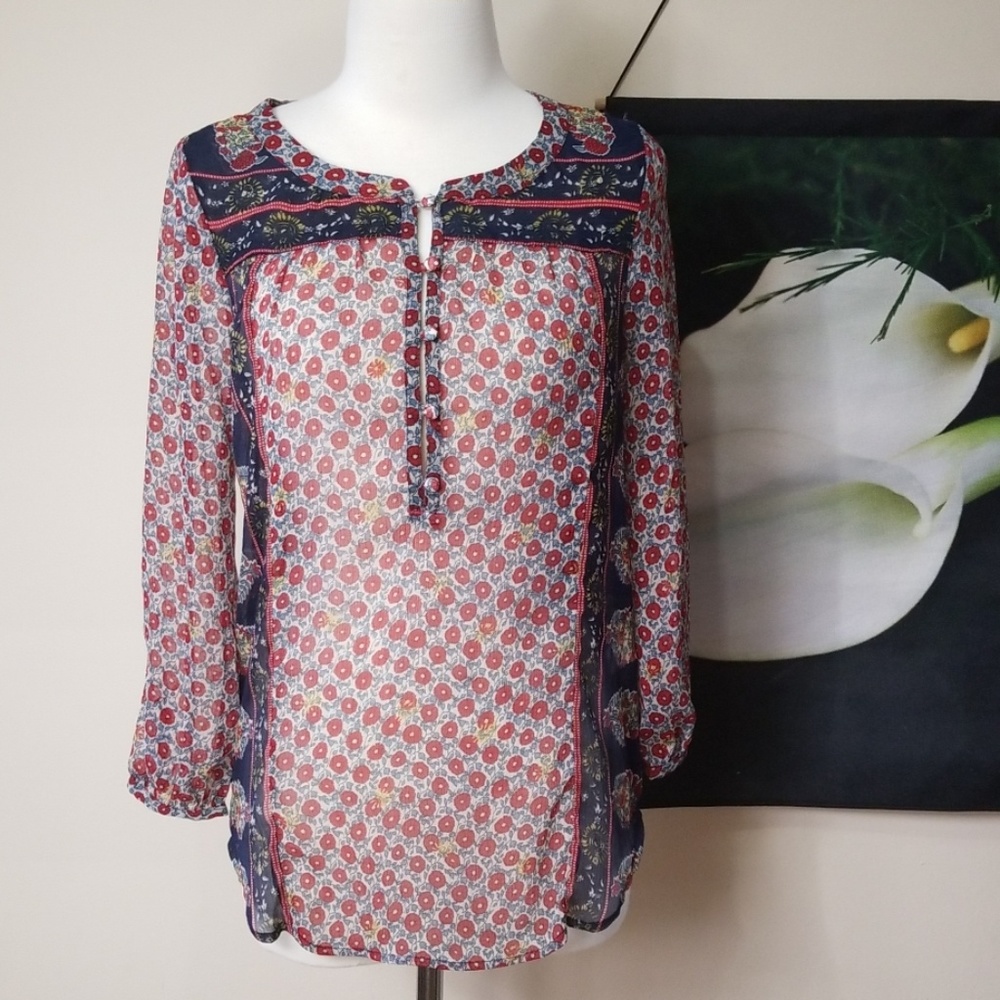 Lucky Brand Semi Sheer Floral Boho Peasant Top
